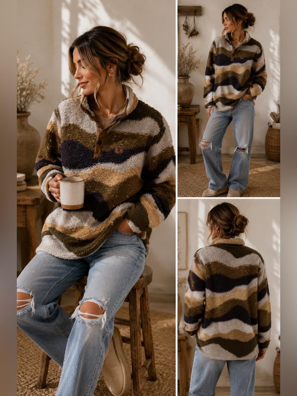 Home Free Sherpa Jacket - Olive, Tan & Cream